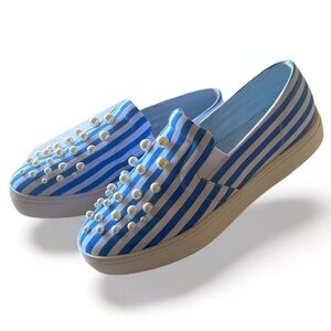 ZARA Pearl Embellished Slip-Ons Striped Canvas Sneakers
